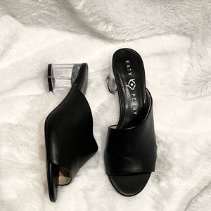 Black 55” clear heel mules